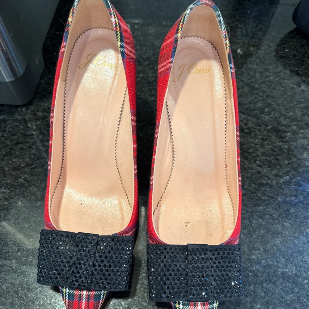J. Crew Red Plaid Heels with Black Bow